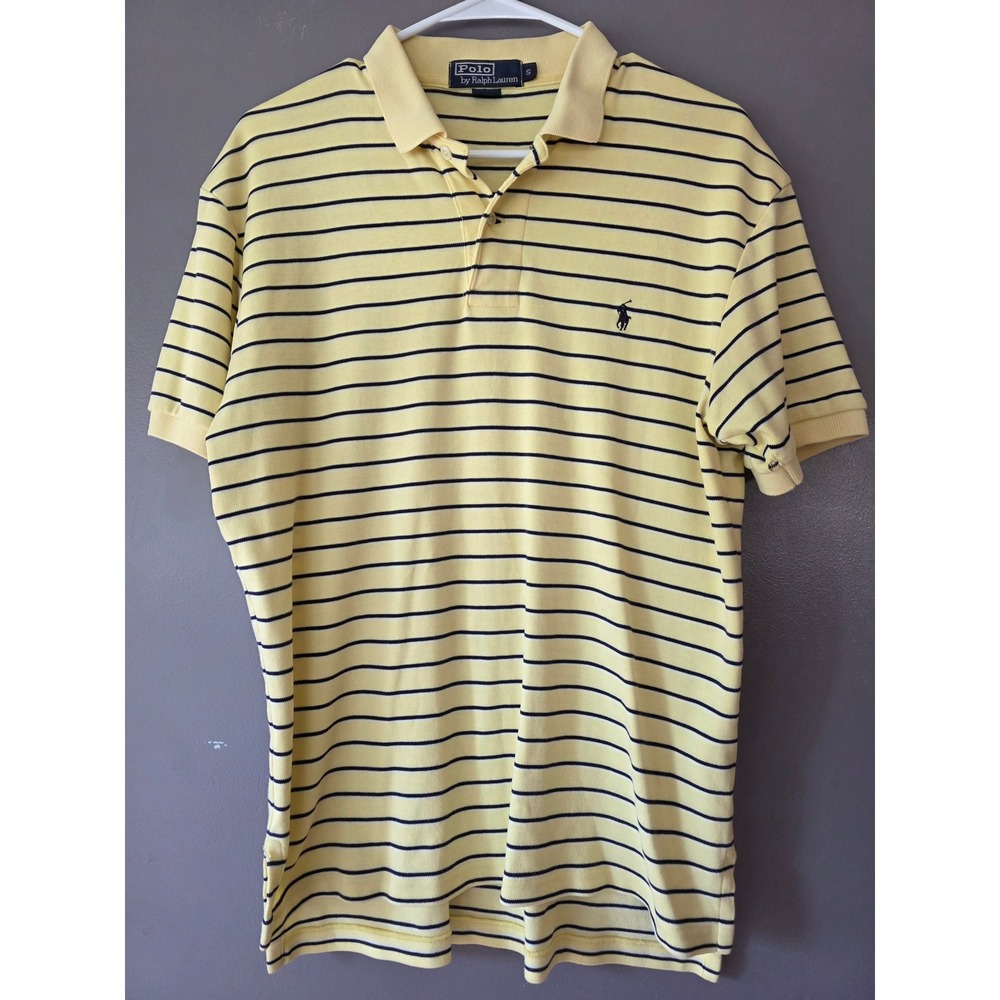 Polo Ralph Lauren Mens Small Yellow Navy Blue Striped Short Sleeve Polo Shirt